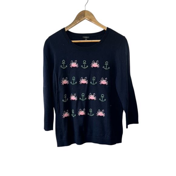TALBOTS Navy Embellished Pink Crab & Green Anchor Cotton Blend Knit Sweater M - Picture 1 of 7